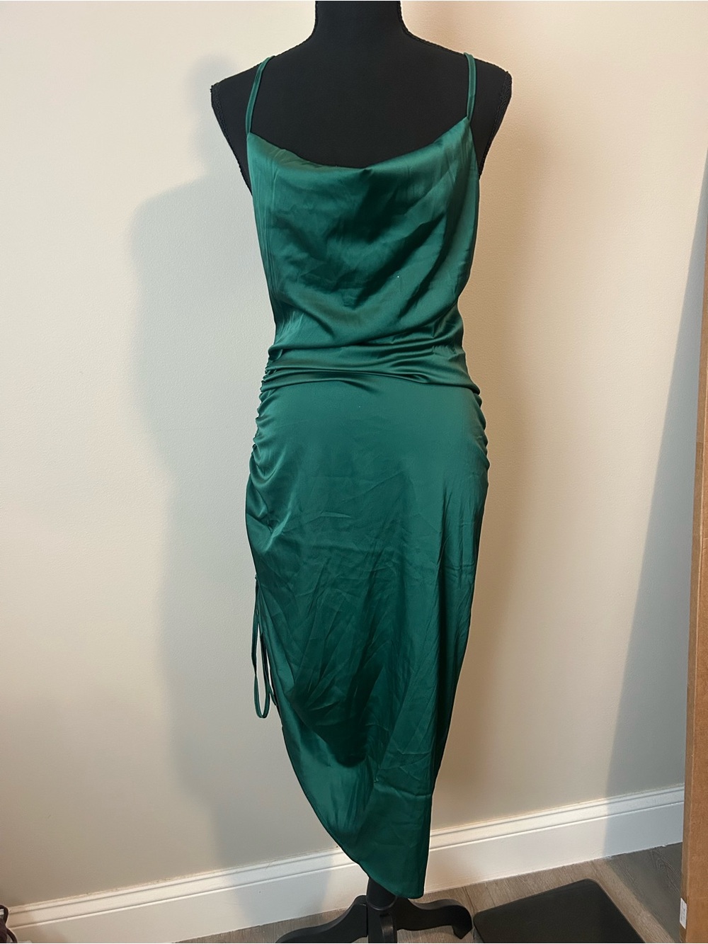 Emerald Green Satin Ruched Cowl Neck Midi Dress Small NWOT